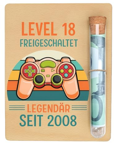 18 Geburtstag Geldgeschenk Holzkarte mit Reagenzglas Box Level 18 Freigeschaltet Gamer Präsent für Geldgeschenk 18. geburtstag junge kreative Geld Geschenkidee für Jungen 2008 Party Überraschung