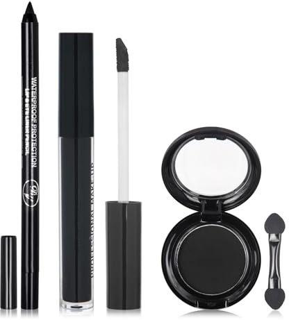 Black Smokey Eyes Make-up Set mit Lidschatten Palette Liquid Lipstick Eyeliner und Lippenkonturenstift – Langanhaltend Verschmierfest mit Mini-Pinsel für Halloween Goth Cosplay