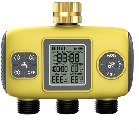 BEAZOOM Timer automatico per irrigazione a 3 zone per tubi da giardino, regolatore di irrigazione programmabile con prese indipendenti, ABS e metallo, alimentato a batteria