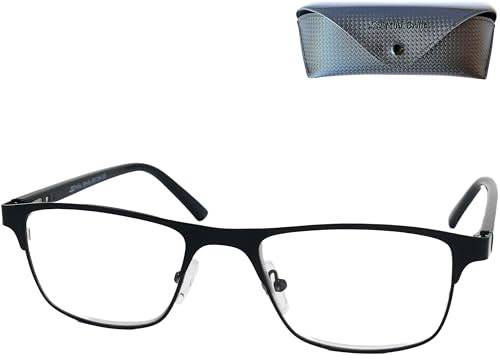 Metall Lesebrille mit rechteckigen Gläsern - mit Gratis Etui, Edelstahl Brillengestell (Schwarz), Eckige Lesehilfe Herren und Damen +1.5 Dioptrien