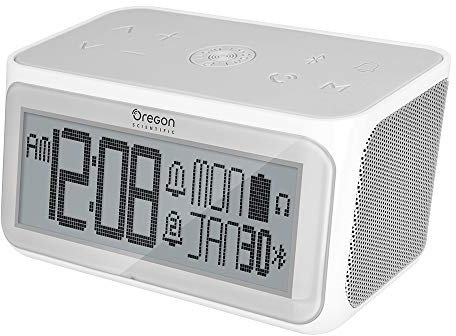 Oregon Scientific Wecker mit Bluetooth-Lautsprecher, zwei Weckzeiten, Uhrzeit, Datum, 3.5mm Kopfhörerausgang und eingebautem Mikrofon zur Nutzung als Freisprecheinrichtung, Groß