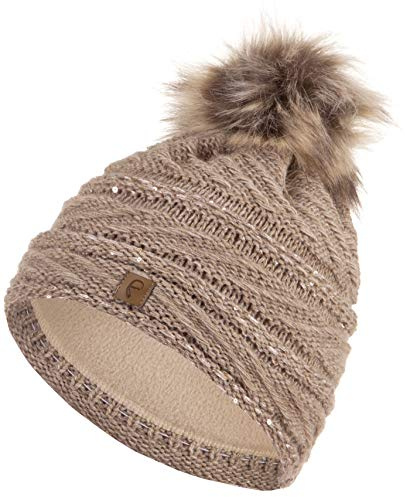 Faera Wintermütze Mütze Damen warm gefüttert mit Pailletten Kunstfell Bommel-Mütze Fleecefutter Winter Herbst Strickmütze Beanie Mädchen 62