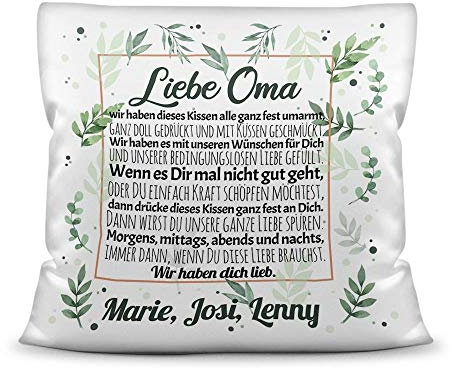 PR Print Royal Kissen inkl. Kissenfüllung mit schönem Spruch für Oma - Wir haben Dich lieb - zum Beschriften mit Wunschnamen - Kissen Weiß, 40 x 40 cm