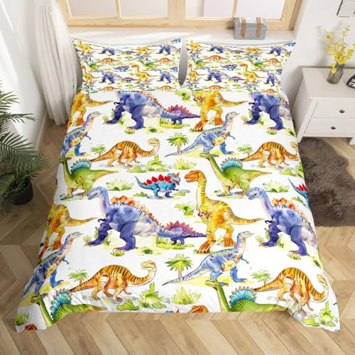 Homewish Cute Colorful Dinosaur Printed Children Bedding Set,Modern Cartoon Animal Dinosaur Duvet Cover For Boys Girls Room Decoration Soft Microfiber Lovely Comforter Cover With Zipper,King Size