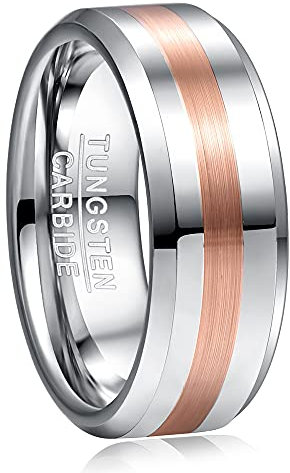 TUNGSTORY Rose Gold Brushed Finish Tungsten Carbide Ring 8mm Silver Wedding Anniversary Band Ring for Men Women Beveled Edge High Polished Size O