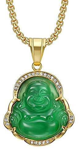 HMOOY Lucky Laughing Buddha, Halskette Buddha aus grüner Jade, Halskette mit Buddha-Anhänger aus kubischem Zirkonia, mit 18 Karat vergoldeter Kette, Feng Shui Amulett für Damen und Herren, Stein,