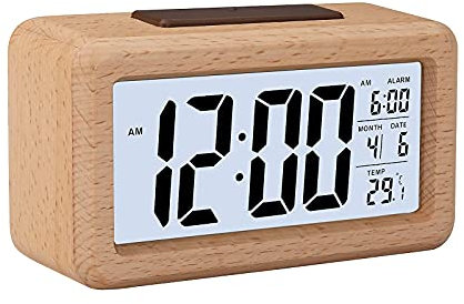 GINZER Digitaler Wecker aus Holz, großes LED-Display, Holzmaserung, intelligenter Sensor Nachtlicht, Schlummerfunktion und Temperatur, batteriebetrieben, Büro, Nachttisch