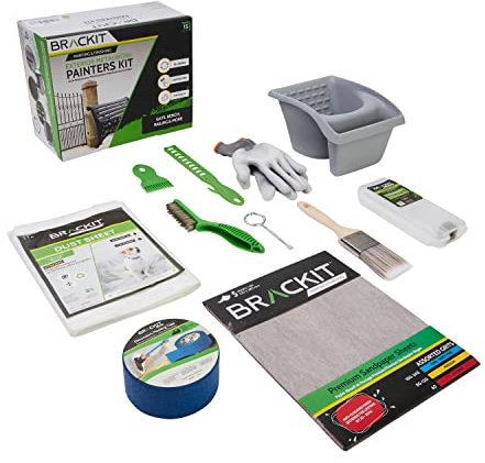 Brackit Painter’s Kit - 15 Piece - for Cleaning, Painting for Gates, Benches, Stairs and More - Paint Stirrer, Tin Opener, Paint Kettle, Masking Tape, Gloves, Sandpaper Sheets, Drop Sheet