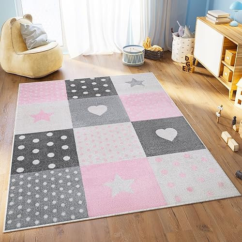 TAPISO Lazur Teppich Kinderteppich Kurzflor Sterne Punkte Herz Patchwork Grau Creme Rosa Jugendzimmer Kinderzimmer Modern Design ÖKOTEX 300 x 400 cm