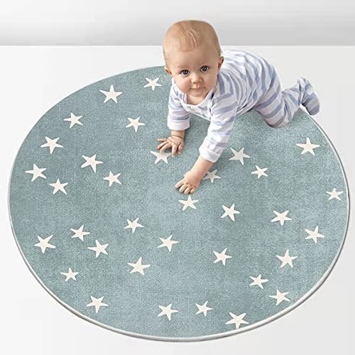 Trayosin Kinderteppich Kinderzimmer Teppich Spielteppich Rund Groß Spielteppich Mit Sterne Design fürs Babyzimmer Kleinkinderzimmer (Blau,80cm)