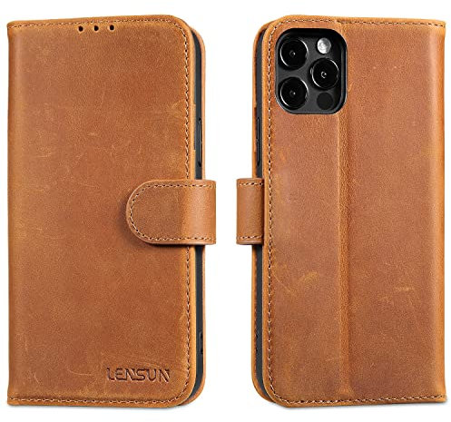 LENSUN Echtleder Hülle für iPhone 12, iPhone 12 Pro 5G Handyhülle [Echtes Leder][Magnetverschluss][RFID Schutz] Handytasche Lederhülle Klappbar (6,1 Zoll)- Vintage Braun