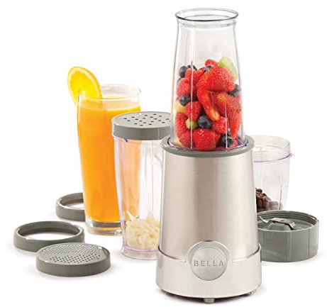 BELLA Personal Size Rocket Blender, Optimal for Smoothies, Shakes and Healthy Drinks, Easy Grinding, Chopping and Food Prep, 285 Watt Power Base, 12 Piece Blending Set, Stainless Steel