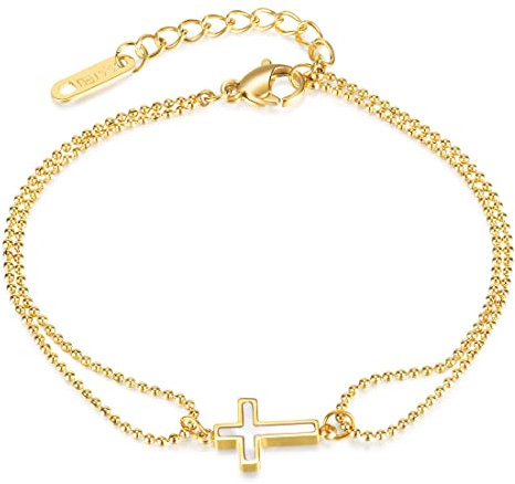 Caimeytie Bracelet Croix Femme et Fille Acier Inoxydable Plaqué Or
