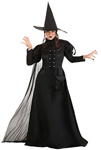 Wayward Witch Costume for Adults Elegant Poplin Dress, Brocade Corset, Crepe Cape, & Hat