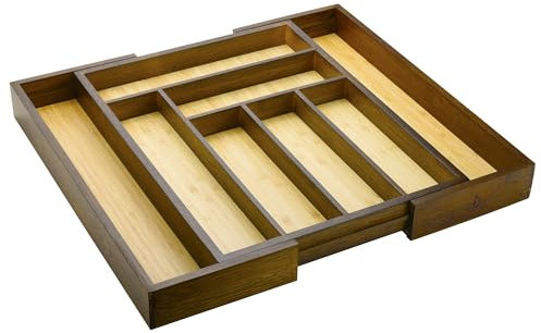 Cozee Bay Bamboo drawer organizer, utensil holder, silverware organizer, and adjustable cutlery tray with drawer dividers, for kitchen, office desk, and bathroom storage (Vintage Brown)