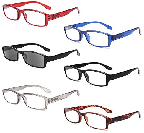 BOSAIL Lesebrille, 6er-Pack, rechteckiger Rahmen mit Federscharnier, inklusive Lesesonnenbrille für Herren und Damen, Outdoor-Lesebrille 1.5