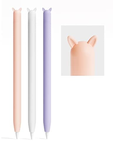 ELETIUO 3 Pack Soft Sleeve Apple Pencil Case Compatible with Apple Pencil 1st Generation,Premium Silicone Cute Ear Pencil Skin Cover Pen Grip(White, Pink,Purple)
