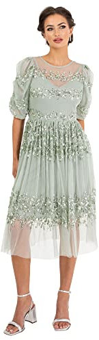 Maya Deluxe Womens Midi Dress Ladies Sequin Embellished Short Sleeve Dress for Wedding Guest Bridesmaid Prom Ball Evening Occasion Green Lily Size 12 UK
