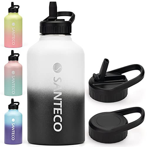 Santeco Stainless Steel Water Bottle with Straw & 2 Lids, 1900ml/64oz Vacuum Insulated Flasks, Sport Drink Bottle for 12 Hours Hot & 24 Hours Cold, Great for Work, Gym, Travel
