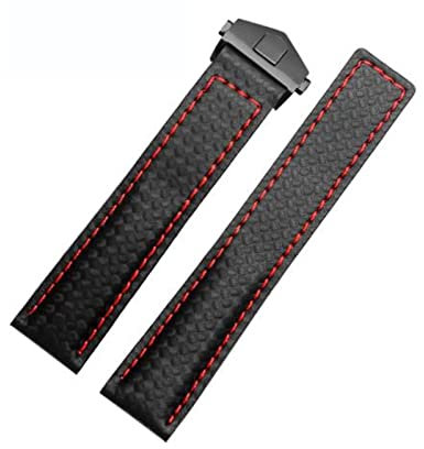 KKFAUS Für TAG Heuer Uhrenarmband Kohlefaser Textur Kuhleder Unterseite SCHWARZ ROT Armband 20mm 22mm Mit Faltschließe, 22 mm, Achat