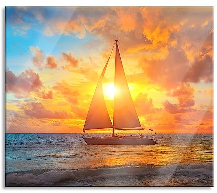 Segelboot nahgelegen der Küste Herdabdeckplatte & Spritzschutz aus Echtglas | Für Herd-Kochfelder | 60x52 cm