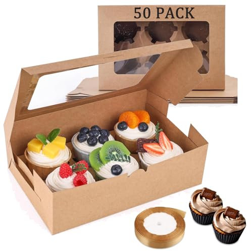 DAJAVE 50 Pcs Cupcake Boxes 6 Hole with Window Cupcake Box Brown Cake Boxes with Insert Kraft Cupcakes Carrier with Ribbon for Cupcakes, Cookies, Pastries and Muffins