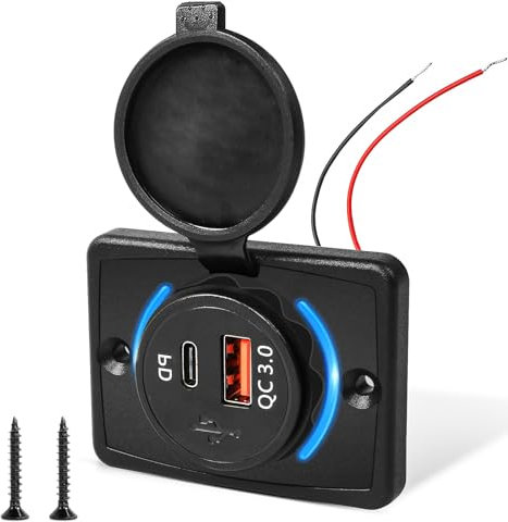 USB Steckdose 12v, PD3.0 & QC3.0 18W Dual USB Ausgangsplatte, wasserdichte Schnelllade Netzteilsteckdose mit Blauer LED für Motorräder, Wohnmobile, Boote, LKWs