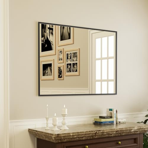 Heilmetz Black Frame Mirror 500 x 700mm, Large Bathroom Wall Mirrors for Living Room, Rectangular Bathroom Modern Wall Mounted Mirror Hanging Horizontal/Vertical