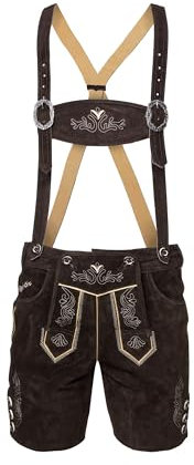 STEIGENHÖFER Lederhose Herren Tracht kurz - Anton - Trachtenhose mit Trägern - 100% Rindsleder - Traditionelle Echtlederhose - Ideal für Dein Oktoberfest Herren Outfit - Dunkelbraun - 56