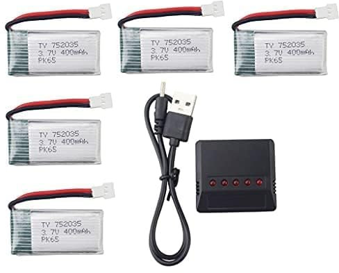 5PCS 3.7V 400mAh Lipobatterie mit 5 in 1 Ladegerät für Hubsan X4 H107L/C/D/P SYMA Q11 X11C H99W H31 HS170C F180C TOZO Q2020 E016H A120 V966 TR-C385 TR-F22 Vierachsige Flugzeugbatterie