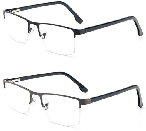MMOWW 2er-Pack Lesebrille Herren Mit Blaulichtfilter, Rechteckige Halbrahmen Metall Lesebrillen Lesehilfe, Feder Scharnier Lesebrillen (Schwarz+Grau, +3,0)