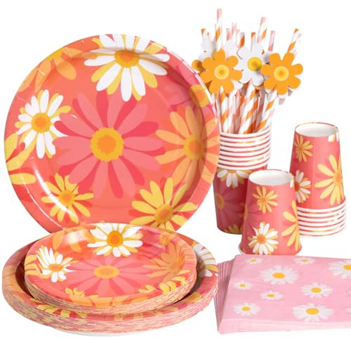 Homarkable Vaisselle Jetable Marguerite Orange 16 Convives - Assiettes, Gobelets, Serviettes & Pailles / Décoration pour Mariage, Anniversaire, Baptême, Fête Enfantine