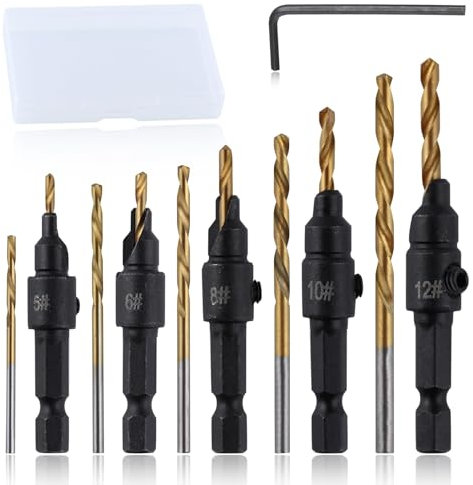 SPEEDWOX 5Pcs Countersink Drill Bit Set for Wood Drill Bits for Holes with Replacement Tapered Drill Bits Allen Wrench Titanium Plating Pilot Screw Hole Set #5#6#8#10#12 Screws 82-Degree Chamfer