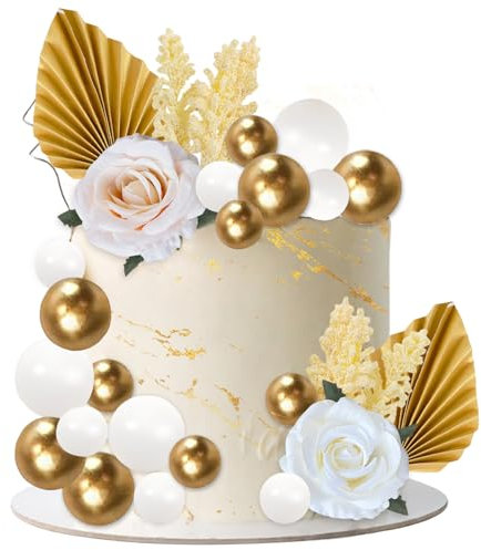 SOETDERT 30 Pcs Décoration Gâteau, Bohème Décoration de Gâteau avec Roses, Feuilles de Palmier, Boules Gâteau Topper, DIY Decoration Gateau Or pour Mariage, Anniversaire, Fête Deco Gateau