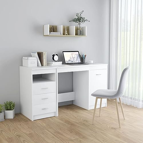 Homgoday Schreibtisch aus Sperrholz, weiß, 140 x 50 x 76 cm, Computertisch, Jugendtisch mit Schubladen und Schränken