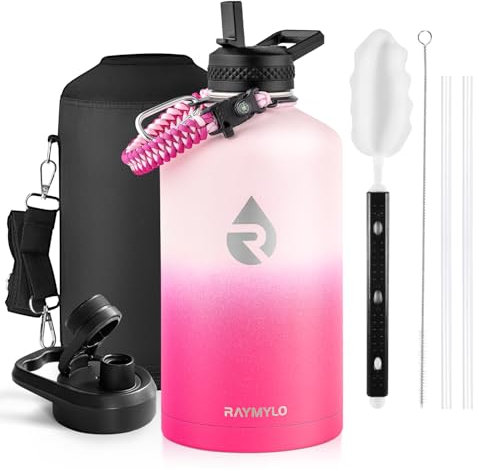 RAYMYLO Bouteille d'eau isotherme à triple paroi en acier inoxydable (froid pendant 48 heures), anti-fuite et sans BPA, grande bouteille d'eau avec poignée en paracorde et couvercles à bec verseur à