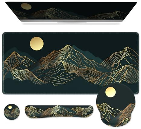 iCasso – Ensemble 4 en 1 grand format : tapis de souris XXL, repose-poignet pour clavier, repose-poignet pour souris et sous-verre, avec design ergonomique pour ordinateur (Cyan-Mountain)