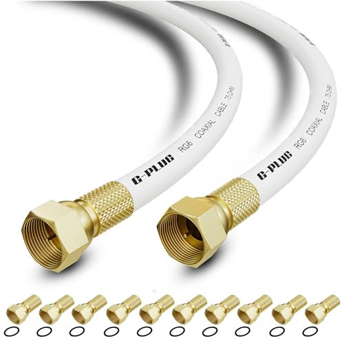 G-PLUG Cable coaxial para TV RG6, 50 m, cable de antena satélite, extensión para satélite, cable coaxial para TV, HDTV, radio, Full HD, con conector de compresión de 10 F, color blanco