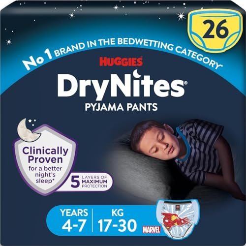 Huggies DryNites Pyjama Pants, Boys 4-7 Years (17-30KG), Up to 100% Leak Free Nights, Bedwetting Pants, 26 Count