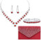 Jamron Damen Zirkon Strass 4 Stücke Schmuck und Clutch Set für Hochzeit Prom Abend Party SN0708187-2 Rot-B