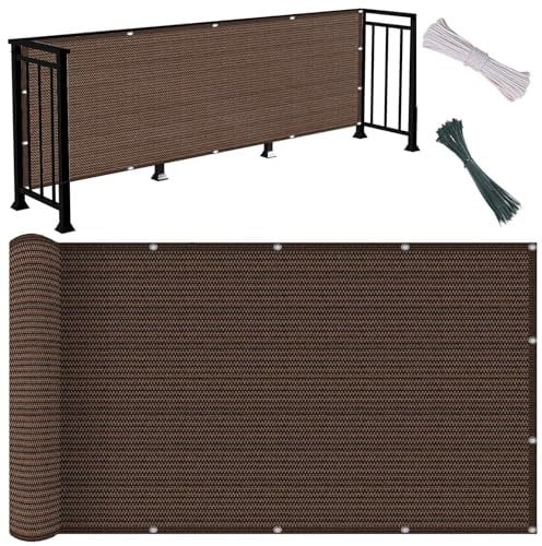 Balkon Sichtschutz View Cover 85 x 120 cm Gelb-Weiß Gestreift - mit Befestigungsband - UV-Schutz, Windschutz, Leicht Transparent, Wetterfest - Balkonverkleidung ohne Bohren, Braun