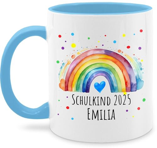 Tasse Tassen 325ml - Einschulung Schulanfang - Schulkind 2025 Regenbogen mit Name - 325 ml - Hellblau - mädchen personalisierte einschulungsgeschenke schulanfänger glühweintassen geschenke