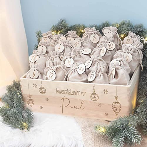 Personalisierte Adventskiste - Adventskalender aus Holz mit Namen - Gravur Kalender DIY - Weihnachtskalender für Kinder - hello mini (Weihnachtskugeln)