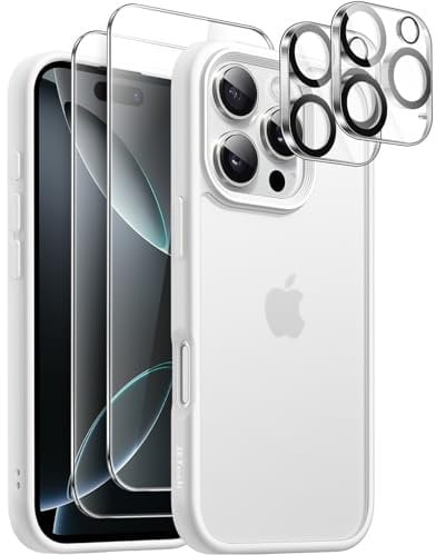 JETech 5 in 1 Matte Case for iPhone 16 Pro Max 6.9-Inch with 2-Pack Each Tempered Glass Screen Protector and Camera Lens Protector, Translucent Back Shockproof Phone Cover (White Titanium)