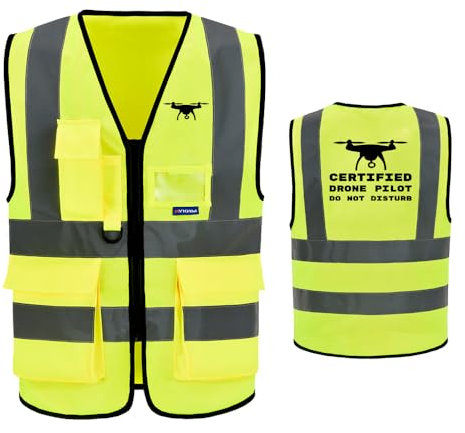 AYKRM Warnweste mit reflektierenden Streifen mit Reißverschluss und Tasche, Gelber Drohnen-Pilot, 4XL/5XL