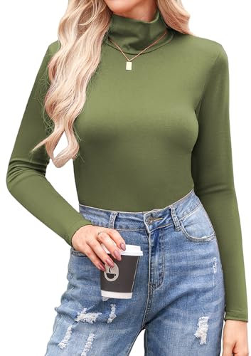 Aottori Damen Langarmshirt Baumwolle Unterwäsche Elegant Rollkragenshirt Stretch Basic Top Thermooberteile Tunika T-Shirt Sexy Frühling Armeegrün M