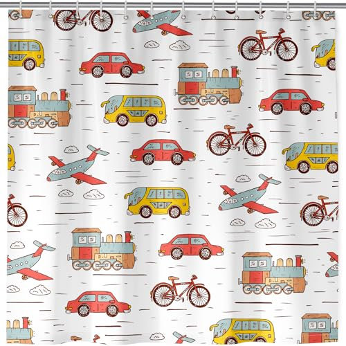 ANHOPE Verkehr Auto Flugzeug Fahrrad Duschvorhang Wasserdicht Anti-schimmel Polyester Stoff Duschvorhänge 180 x 200cm Shower Curtains Waschbar Bad Vorhäng für Badzimmer mit 12 Haken