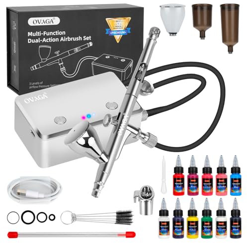 OVAGA 32PSI Airbrush Kit with Compressor, Rechargeable Multi-Function Dual-Action Airbrush Set Portable with Airbrush Paint Set 11 Colors for Painting Makeup Cake Decor Model Coloring Nail Art Tattoo