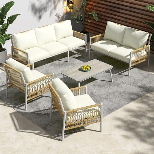 Salon de Jardin 5/7 Personnes,Ensemble Table Chaise Jardin En PE Rotin,Canapé d'extérieur avec table basse, Verre trempé (Imitation veinage de Bois), Coussins d'assise Amovibles et lavables, Beige