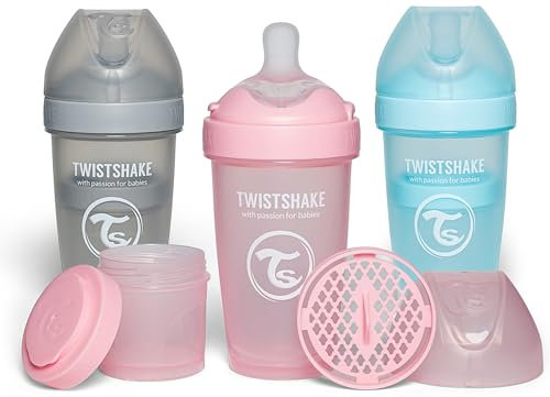 Twistshake 3x Pro Double Biberon Anti-Colique avec Récipient à Lait en Poudre - 260 ml | Mamelon en Silicone à Débit Moyen | Sans BPA | Convient aux Bébés de 2m+ | Rose, Gris, Bleu